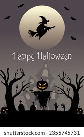 Halloween vertical background with pumpkin, haunted house, scarecrow, witch, and full moon. Flyer or invitation template for Halloween party. Vector illustration.