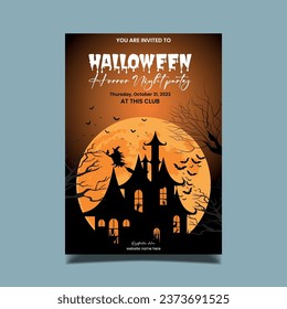 Halloween vertical background with pumpkin, haunted house and full moon. Flyer or invitation template for Halloween party. Vector illustration.
