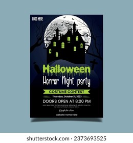 Halloween vertical background with pumpkin, haunted house and full moon. Flyer or invitation template for Halloween party. Vector illustration.