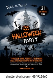 Halloween vertical background and pumpkin  haunted house   full moon  Flyer invitation template for Halloween party  Vector illustration 
