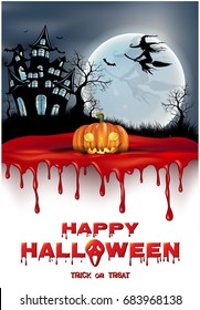 Halloween vertical background with pumpkin heads poking out of blood piles. haunted house and full moon. Flyer or invitation template for Halloween party. Vector illustration.