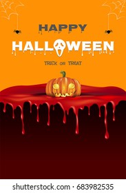 Halloween vertical background with pumpkin heads poking out of blood piles. Flyer or invitation template for Halloween party. Vector illustration.