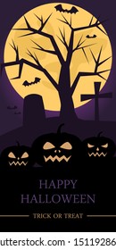 Halloween vertical background with pumpkin in the night sky, moon and Halloween atmosphere. Night silhouettes of bats and tree on a background of the full moon. Vector Illustration.