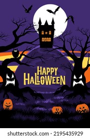 Fondo vertical de Halloween con calabazas, castillo en una montaña, árboles muertos, murciélagos, luna e inscripción Feliz Halloween. Ilustración vectorial, volante o plantilla de invitación en estilo de cómic chistoso plano.
