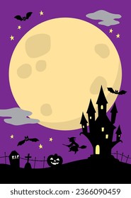 Halloween vertical background with purple night yellow full moon copyspace and castle illustration vector template for flyer, poster