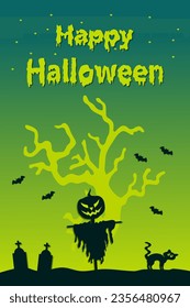 Halloween vertical background with scarecrow pumpkin and Happy Halloween title. Flyer or invitation template for Halloween party. Vector illustration.