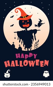 Halloween vertical background with scarecrow pumpkin. Flyer or invitation template for Halloween party. Vector illustration.