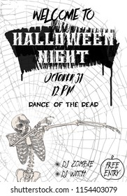 Halloween vertical background with skeletons dancing DAB. Flyer or invitation template for Halloween party and night. Handwritten calligraphy greetings, dance of the dead all night. Vector.
