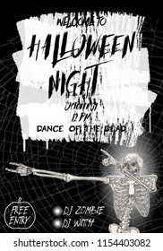 Halloween vertical background with skeletons dancing DAB. Flyer or invitation template for Halloween party and night. Handwritten calligraphy greetings, dance of the dead all night. Vector.