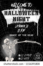 Halloween vertical background with skeletons dancing DAB. Flyer or invitation template for Halloween party and night. Handwritten calligraphy greetings, dance of the dead all night. Vector.