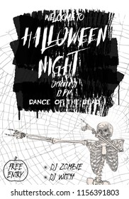 Halloween vertical background with skeletons dancing DAB. Flyer or invitation template for Halloween party and night. Handwritten calligraphy greetings, dance of the dead all night. Vector.