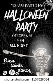 Halloween vertical background with skeletons dancing DAB. Flyer or invitation template for Halloween party and night. Handwritten calligraphy greetings, dance of the dead all night. Vector.