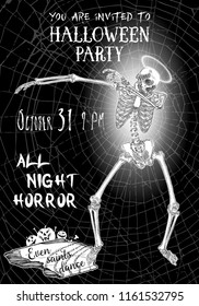 Halloween vertical background with skeletons dancing DAB. Flyer or invitation template for Halloween party and night. Handwritten calligraphy greetings, dance of the dead all night. Vector.