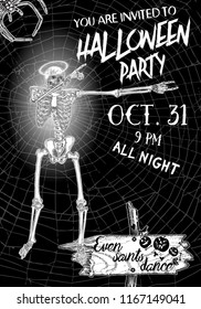 Halloween vertical background with skeletons dancing DAB. Flyer or invitation template for Halloween party and night. Handwritten calligraphy greetings, dance of the dead all night. Vector.