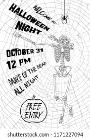 Halloween vertical background with skeletons dancing DAB. Flyer or invitation template for Halloween party and night. Handwritten calligraphy greetings, dance of the dead all night. Vector.