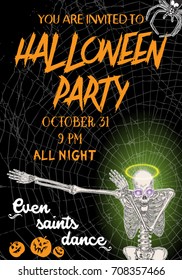 Halloween vertical background with skeletons dancing DAB. Flyer or invitation template for Halloween party and night. Handwritten calligraphy words greetings, dance of the dead all night. Vector.