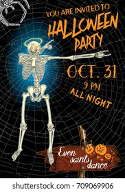 Halloween vertical background with skeletons dancing DAB. Flyer or invitation template for Halloween party and night. Handwritten calligraphy words greetings, dance of the dead all night. Vector.