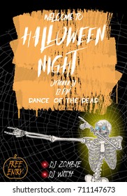 Halloween vertical background with skeletons dancing DAB. Flyer or invitation template for Halloween party and night. Handwritten calligraphy words greetings, dance of the dead all night. Vector.