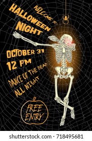 Halloween vertical background with skeletons dancing DAB. Flyer or invitation template for Halloween party and night. Handwritten calligraphy words greetings, dance of the dead all night. Vector.