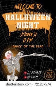 Halloween vertical background with skeletons dancing DAB. Flyer or invitation template for Halloween party and night. Handwritten calligraphy words greetings, dance of the dead all night. Vector.