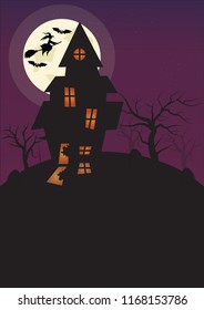 Halloween Vertical Background with Witch, Bats Haunted House and Full Moon. Flyer or Invitation Template for Halloween Party with Empty Space for your Texr. Vector illustration.