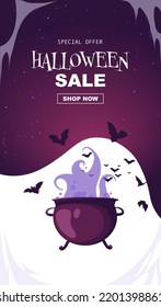 Halloween vertical banner for social media, with a boiling brew in cauldron and a flock of bats on it. Stories template for vouchers, offers, coupons, holiday sales. Vector illustration for discounts.