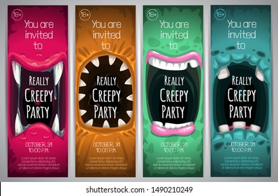 Halloween vertical banners with creepy monster mouth. Vector invitation tickets templates.