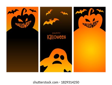 Halloween vertical banners. Jack olantern, pumpkin and bat. Mobile display, stories sale templates social media, with copy space. Concept with smiling jack-o-lantern ahd text Happy Halloween