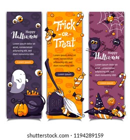 Halloween vertical banners with pattern on background. Hand drawn cartoon vector invitations with lettering. Orange and violet halloween banners with tombstone, broom, ghost, sweets and pumpkin.