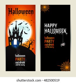 Halloween vertical banners set on orange and black background. Invitation to night party. Vector design template for halloween celebration. Set of autumn symbols.