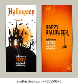 Halloween vertical banners set on orange and white background. Invitation to night party. Vector design template for halloween celebration. Set of autumn symbols.