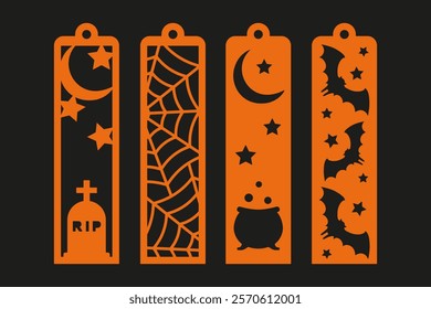 Halloween vertical bookmark designs.Vector laser cut template. Decorative bookmark stencil for paper, wood and metal cutting