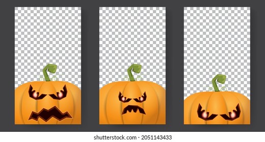 Halloween vertical cartoon stories set with Halloween scary pumpkins. Funky kids Halloween background with space for text