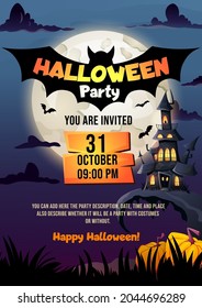 Halloween vertical flyer template, haunted house, dark castle and full moon background. Flyer or invitation mockup for Halloween party, date and time. Vector cartoon illustration game style