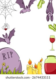 Halloween vertical frame with bats, spider, gravestone, candles and glass of wine. Vector cartoon hand drawn illustration with copy space for invitation, flyer, banner and greeting cards on white