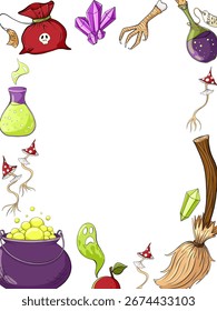 Halloween vertical frame with witch items, cauldron, poisoned apple, potion, broom. Vector cartoon hand drawn illustration with copy space for invitation, flyer, banner and greeting cards on white