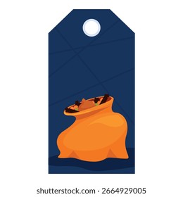 Etiqueta de regalo de Vertical de Halloween con un bolso naranja lleno de dulces y caramelos, perfecto para agregar un toque festivo a los regalos