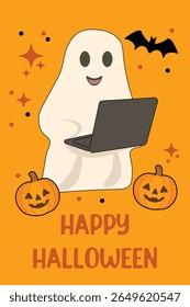 Halloween vertical greeting card "Happy Halloween" text Orange background featuring friendly ghost using laptop, surrounded by pumpkins bats Fun vector for seasonal designs IT industry Online shopping