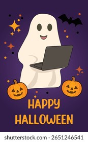 Cartão de saudação vertical de Halloween "Feliz Halloween" texto Fundo roxo com fantasma amigável usando laptop, cercado por morcegos de abóboras Vetor divertido para projetos sazonais Indústria de TI Compras on-line