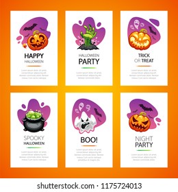 Halloween vertical greeting cards set on light background. Happy halloween pumpkins and spooky ghost banners. Zombie hand poster. Clipping paths included.