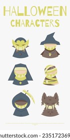 Halloween vertical illustration. Set of vector icons of creepy characters.