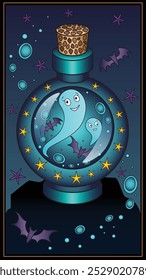 Halloween vertical illustration for social networks. Bottle with ghosts - vector image for background or phone wallpaper with bats, ghosts and potion in a vial