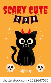 Cartel de la Vertical de Halloween con gato negro divertido con cuernos del diablo, cráneos y texto Scary cute. Ilustración vectorial plana. Plantilla de moda con textura de ruido para tarjeta, invitación, cubierta, etiqueta, Anuncio.