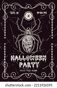 Halloween vertical poster with spider in steampunk style, human eye, frame of bones, text Halloween Party on a scratchy background. Party invitation flyer template. Vector