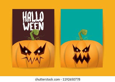 Halloween vertical posters set with Halloween scary pumpkins . Funky kids Halloween background with space for text