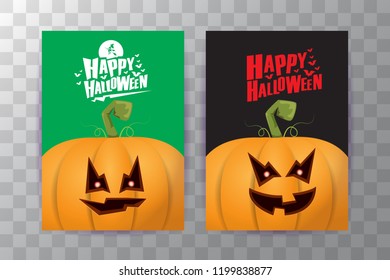 Halloween vertical posters set with Halloween scary pumpkins . Funky kids Halloween background with space for text