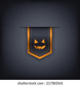 Halloween vertical ribbon element or tag with evil smile on dark background. Eps10 vector illustration