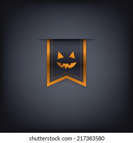 Halloween vertical ribbon element or tag with evil smile on dark background. Eps10 vector illustration