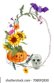 Halloween vertical round frame: skull, pumpkin with eyes, flowers (sunflowers, gerbera daisy, thistle), prickly branches, bat. On white background. Illustration, mock-up, template, design, vector