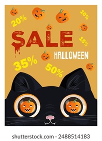 Halloween Vertical Sale Banner 10 15 20 35 50 off. Limited Time Email marketing web banner. Cute Black Cat, pumpkin Fall. Orange poster illustration. Vector illustration